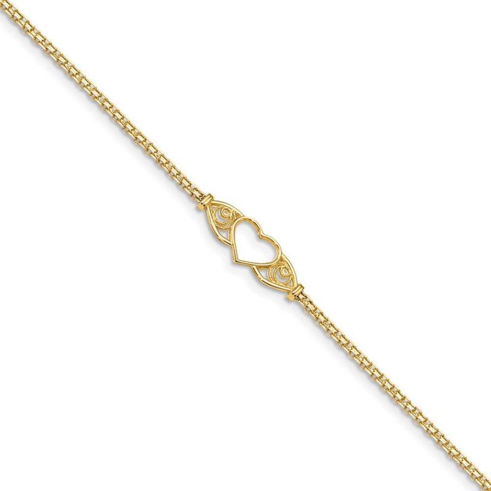 14k Gold Polished Antiqued Heart Anklet, 10 inch